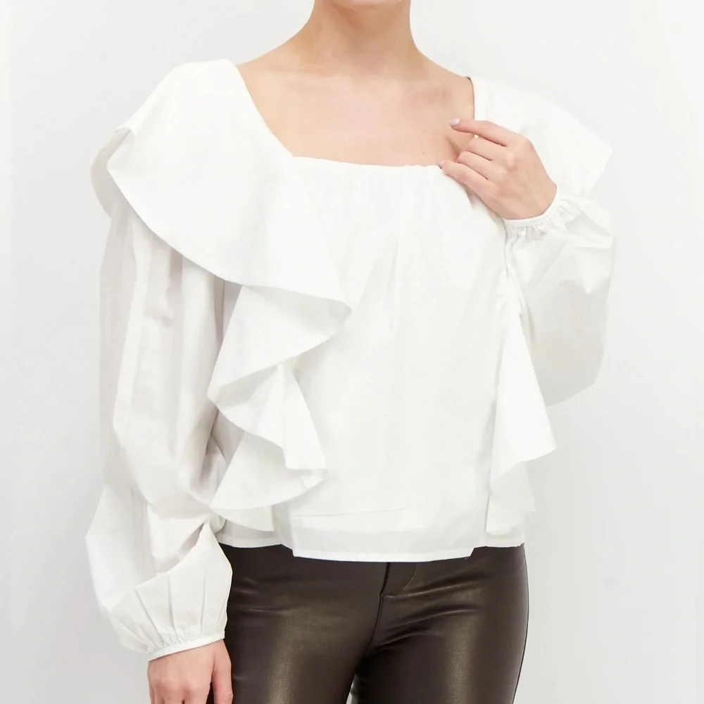NWT En Saison Square Neck Poplin Ruffle Peasant Blouse | M - Picture 2 of 8